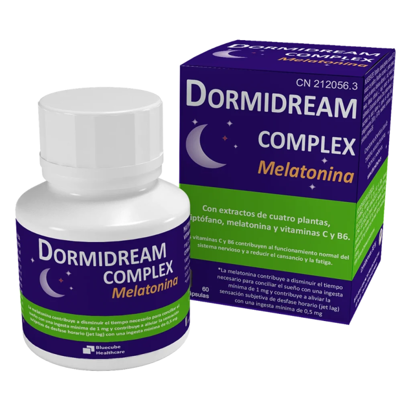 DORMIDREAM COMPLEX MELATONINA by Bluecube | Fórmula Avanzada con Valeriana, Pasiflora, Triptófano y Vitamina B6