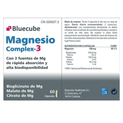Magnesio Complex-3 by Bluecube | Citrato, Bisglicinato y Óxido de Magnesio | Alta Absorción